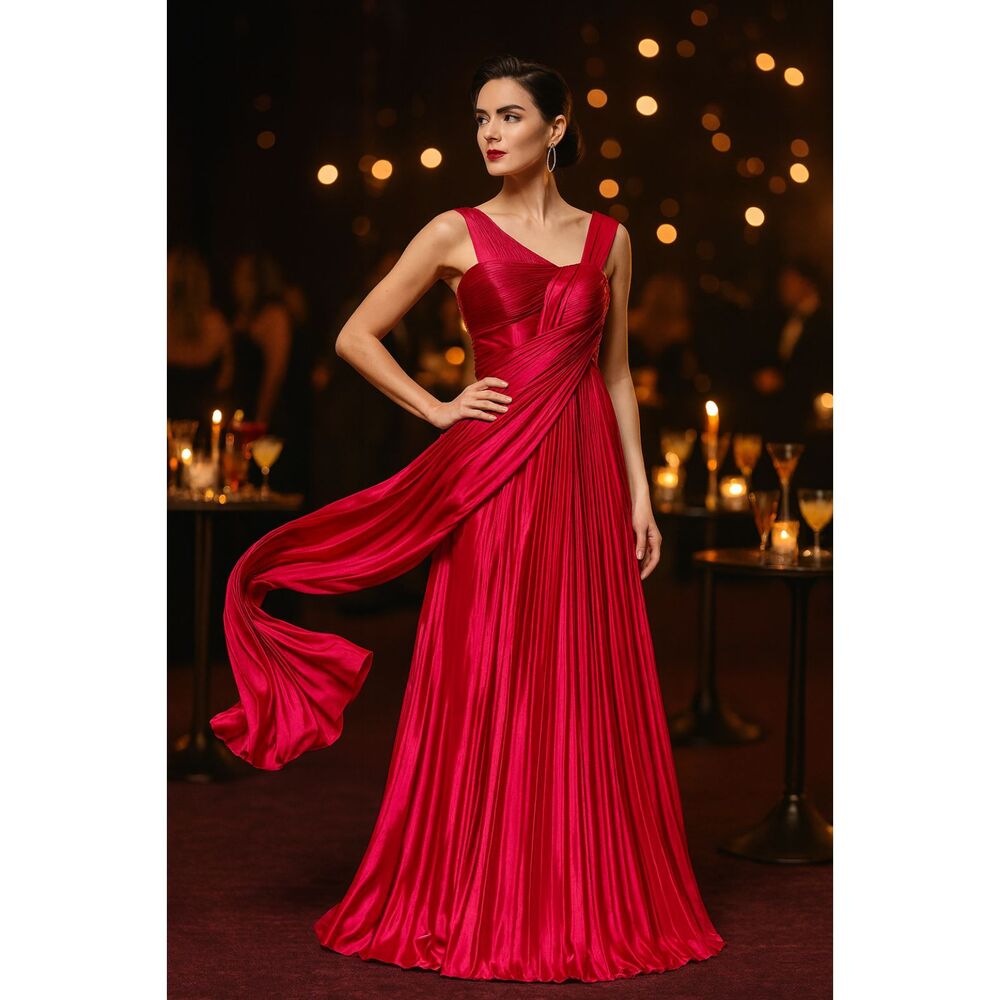 La Femme Pleated Red Satin Evening Dress with Sash Details in Red 4